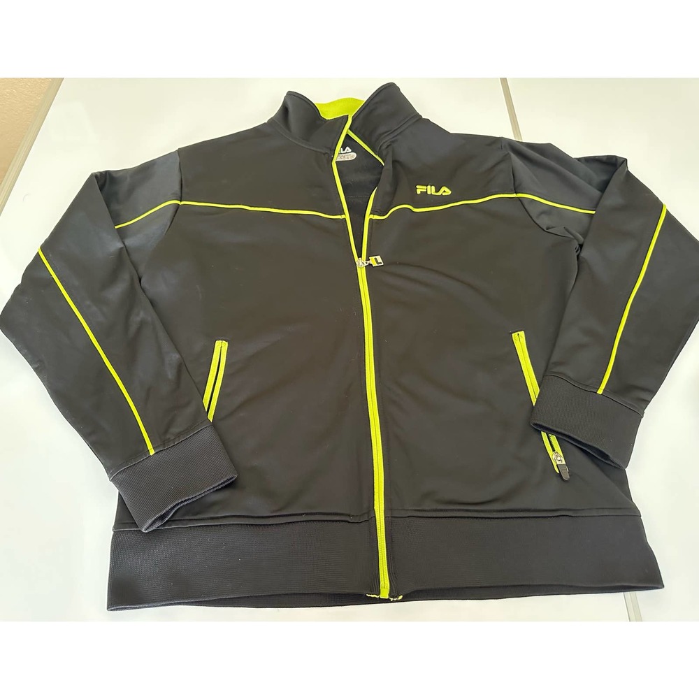 Women M Fila black jacket neon green yellow edge zipper workout - Picture 1 of 13